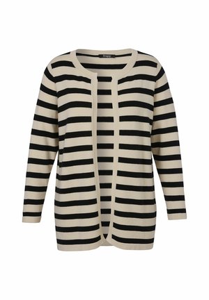 Beige and black horizontal striped open-front cardigan with long sleeves and a round neckline.