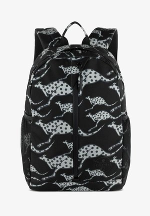 Black backpack with a pattern of white polka-dotted grey running dogs. Features two padded straps and mesh side pockets. Zippered main compartment.