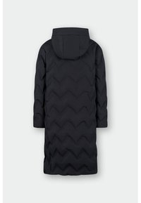 Zwarte pufferjas met capuchon, voorzien van een zigzag gequilte patroon, lange mouwen en een middelgrote lengte, geschikt voor koud weer.