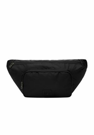 Černá ledvinka s dvěma kapsami na zip, obdélníkovou přední kapsou a kompaktním, zúženým designem.