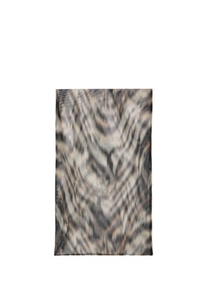 Rectangular fabric with a blurred black, gray, and beige abstract animal print pattern against a white background.