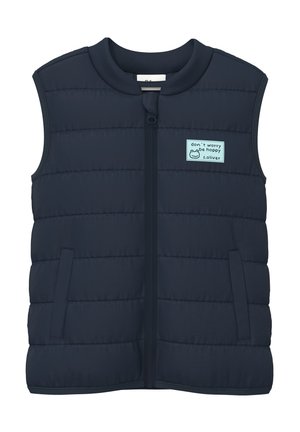 Navyblaue, ärmellose Steppweste mit Reißverschluss vorne und einem Aufnäher mit der Aufschrift "Don't worry, be hoppy" sowie dem s.Oliver-Logo auf der Brust.