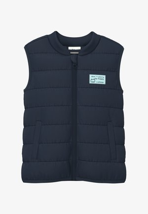 Granatowa pikowana kamizelka bez rękawów z zamkiem z przodu, naszywką z napisem "don't worry be hoppy" oraz logo s.oliver na piersi.