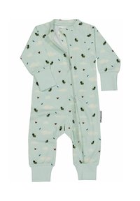 Ljust grön jumpsuit med dragkedja, långa ärmar och mönster av bin och fjärilar mot en molnbakgrund. Mjuk bomullstyg.