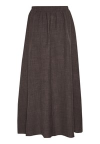 Jupe longue, marron foncé, fabriquée en tissu texturé avec une taille élastique. Elle présente un design fluide qui tombe jusqu'au sol.