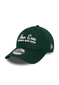 Dark green adjustable cap with white embroidered “New Era” text. Features a curved brim, structured front panel, and fabric texture.