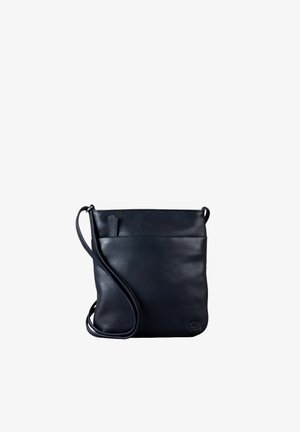 Schwarze Leder-Umhängetasche mit glatter Textur, rechteckiger Form, einer Fronttasche und einem verstellbaren Tragegurt. Merkmale eines minimalistischen Designs.