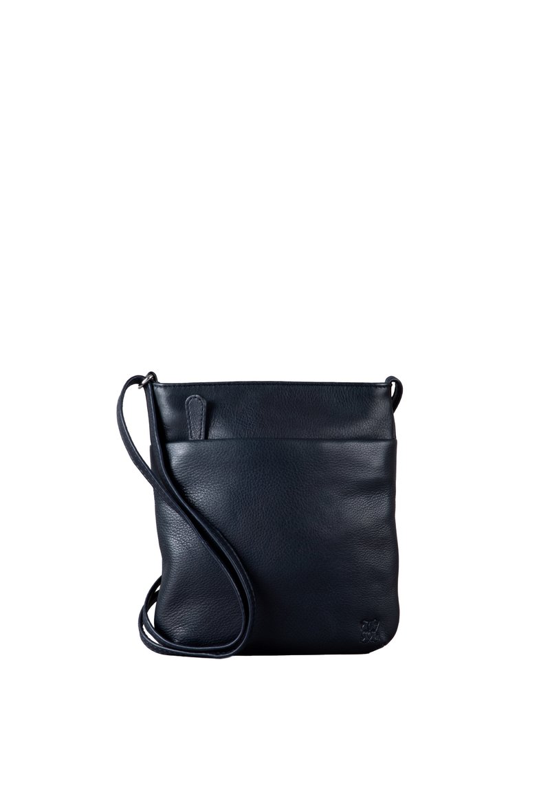 Black leather crossbody bag with a smooth texture, rectangular shape, a front pocket, and an adjustable strap. Features minimalist design.