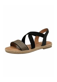 Black and tan flat sandal featuring cross-straps, woven detailing on the front band, and a jute-wrapped sole with a textured finish.