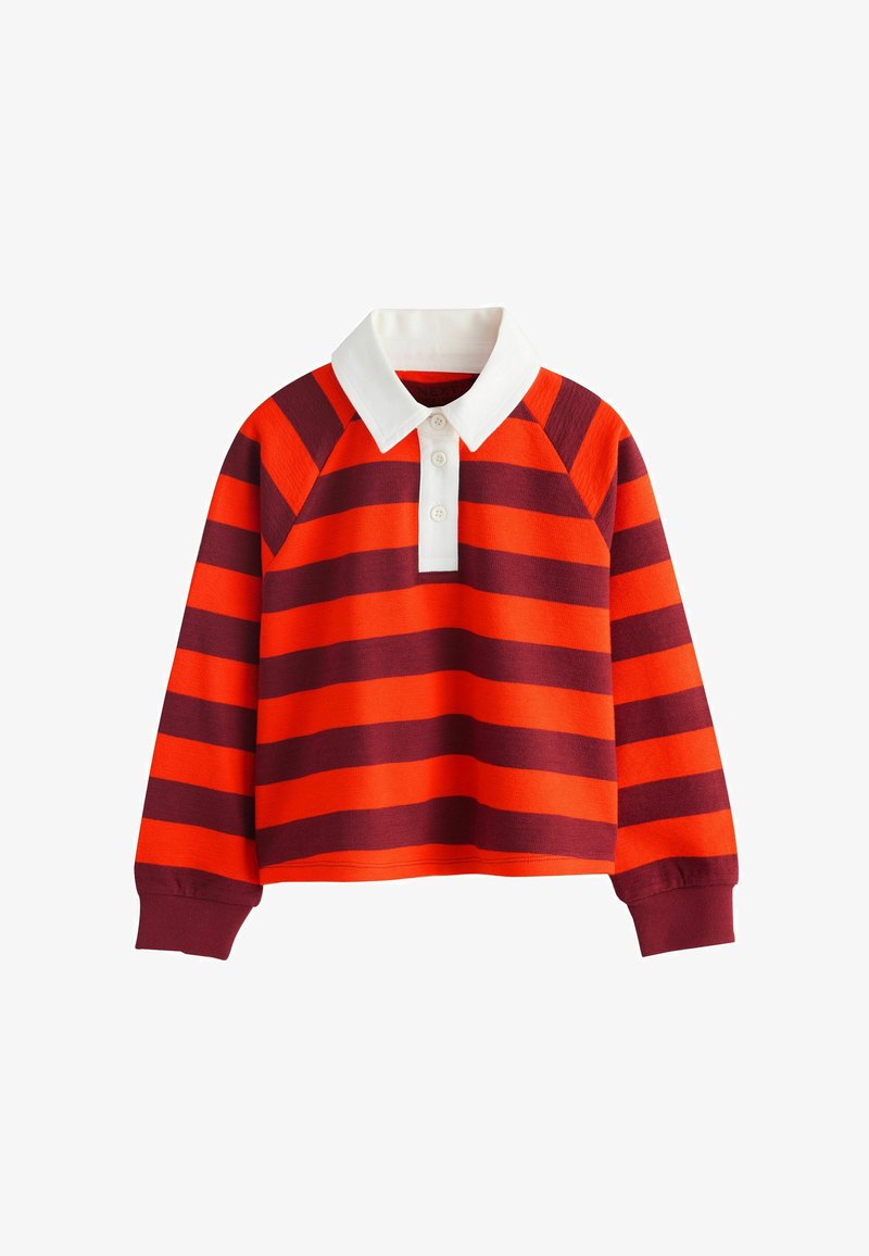 Chemise de rugby à manches longues avec de larges rayures horizontales rouges et violet foncé, patte de boutonnage blanche et col blanc.