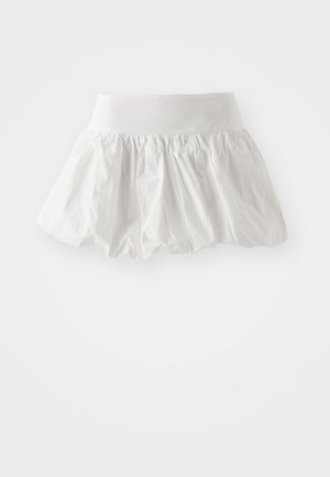 White mini skirt made of lightweight fabric. Features a gathered, flared design with a wide waistband. Smooth texture, no visible patterns.