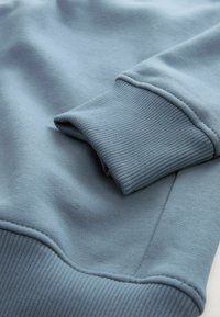 Felpa azzurra chiara realizzata in tessuto morbido, con polsini e fondo a coste, caratterizzata da una superficie liscia e un design semplice.