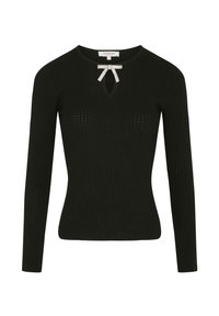 Maglione nero a coste con maniche lunghe e scollatura rotonda, caratterizzato da un dettaglio a chiave decorato con un fiocco di strass al colletto.