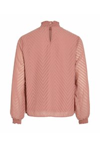 Bluzka z długim rękawem w jasnoróżowym kolorze, z teksturowanym wzorem w zygzak, marszczonym dekoltem i kluczowym otworem z tyłu. Przezroczysta tkanina.