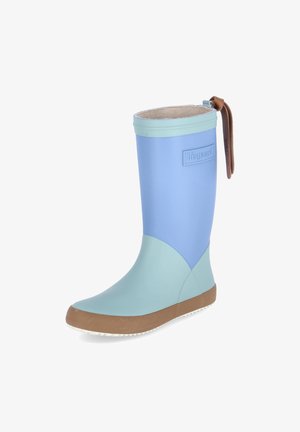 Botte de pluie en caoutchouc bleue avec un revers vert clair, semelle beige et une sangle d'accent marron à l'arrière. Texture lisse, hauteur mi-mollet.