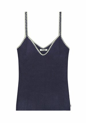 Canottiera in maglia a coste blu navy con spalline sottili, bordo smerlato bianco lungo lo scollo e le spalline, e una piccola etichetta Wrangler sul davanti.