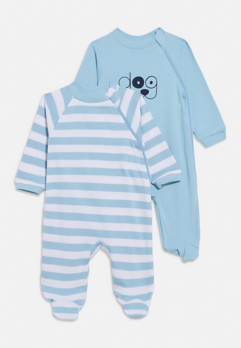 Δύο παιδικά κορμάκια σε ανοιχτό μπλε χρώμα. Το ένα έχει στάμπα με σκύλο, ενώ το άλλο έχει οριζόντιες ρίγες σε ανοιχτό μπλε και λευκό. Μαλακό ύφασμα, με μακριά μανίκια.