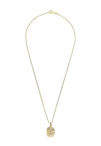 Halskette in Goldoptik mit einer dünnen, zarten Kette und einem ovalen Anhänger mit strukturiertem Design und eingravierter Figur.