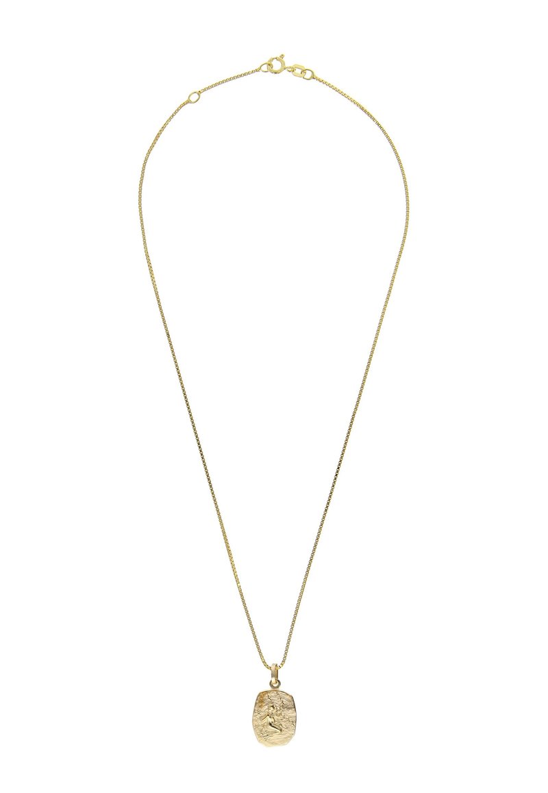 Halskette in Goldoptik mit einer dünnen, zarten Kette und einem ovalen Anhänger mit strukturiertem Design und eingravierter Figur.