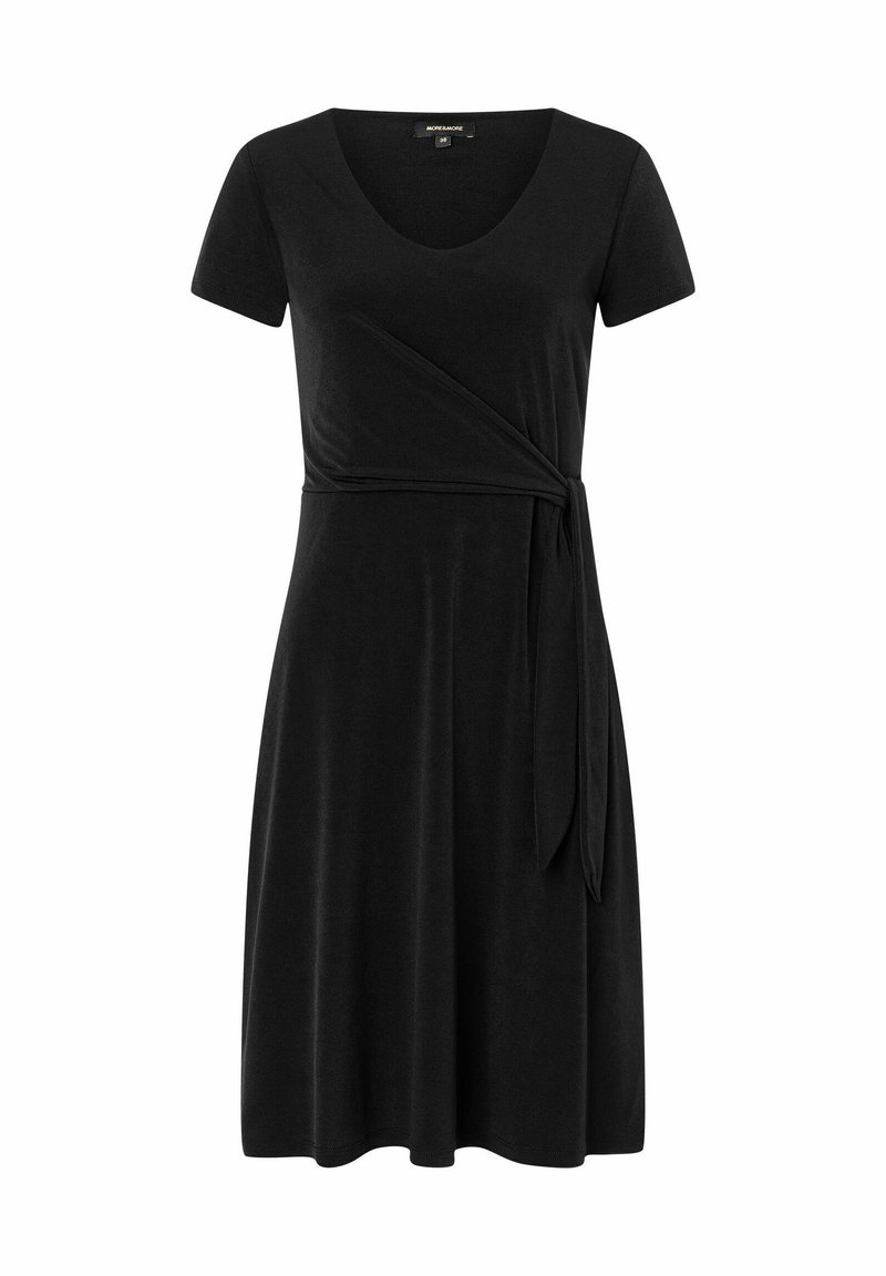 Robe portefeuille courte noire à manches courtes avec un décolleté en V, détail à nouer à la taille et jupe fluide. Fabriquée en tissu doux avec une légère élasticité.