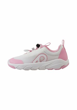 Weißer und rosa Mesh-Sneaker mit dicker Sohle, verstellbaren Zuglaschen und Zugschlaufen an Ferse und Zunge.