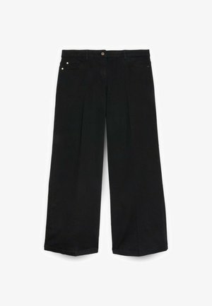 Schwarze Jeans mit weitem Bein aus Denim, ausgestattet mit hoher Taille, zwei Vordertaschen sowie Akzenten aus goldfarbenen Knöpfen und Nieten.