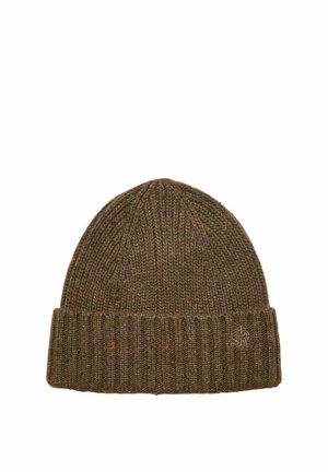 Brown knitted beanie with folded ribbed cuff and subtle multicolored flecks, featuring a small embroidered logo on the cuff.