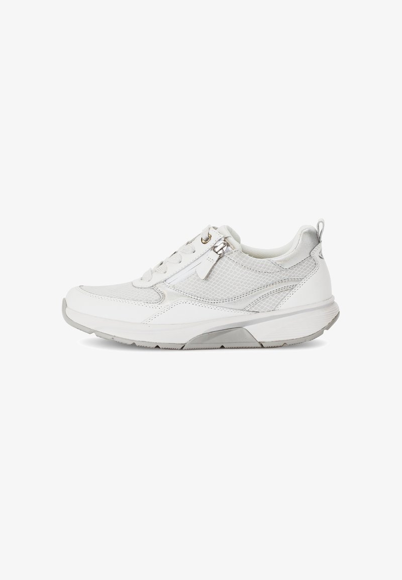 White athletic shoes with mesh and leather materials; features a zip closure, rounded toe, grey accents, and a textured outsole.