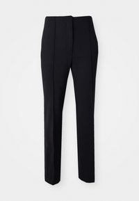 Fekete, szabott nadrág, egyenes szárú dizájnnal, sima anyagból készült, lapos elülső résszel és oldalsó zsebekkel a funkcionalitás érdekében.