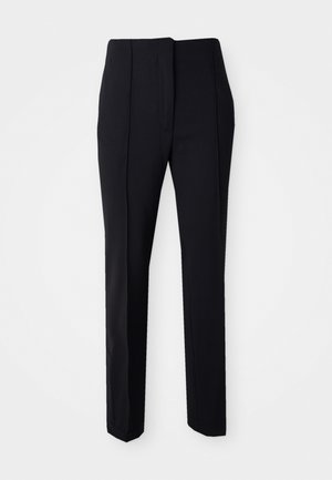 Black tailored trousers with a straight-leg design, made from a smooth fabric, featuring a flat front and side pockets for functionality.