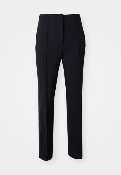 Black tailored trousers with a straight-leg design, made from a smooth fabric, featuring a flat front and side pockets for functionality.