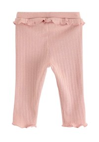 Rosa ribbade leggings med en volangmidja, som har subtila vertikala ränder och en scalloped nederkant vid vristen.