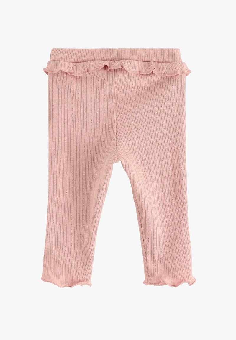 Vaaleanpunaiset ribbikudotut legginsit, joissa on rypytetty vyötärö, hienovaraiset pystysuorat raidat ja aaltoileva helma nilkassa.