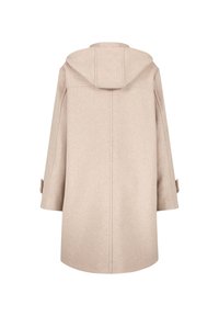 Manteau en laine beige avec capuche, coupe ample, mi-long et avec des manches latérales. Présente des lignes épurées et une texture douce.
