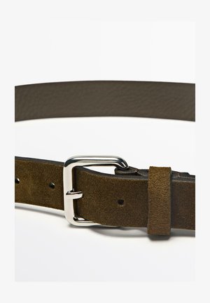 Brown suede belt with a silver metal buckle, featuring smooth texture and multiple adjustment holes along the length.