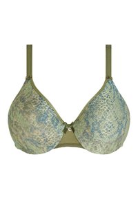Green and blue patterned bra with a smooth finish, featuring adjustable straps and a small bow accent at the center.