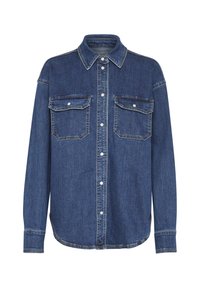 Denim särk, tume sinine, pikad varrukad, nööbiga ees, kaks rinna taskut, terav krae, peened õmblused, kõver hem.