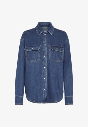Denim overhemd, donkerblauw, lange mouwen, knopen aan de voorkant, twee borstzakken, puntige kraag, subtiele stiksels, gebogen zoom.
