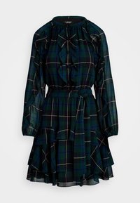 Grønt rutete kjole med lange, gjennomsiktige ermer, volangkant i halsen og lagdelt skjørt. Har en belted midje og gull aksenter i mønsteret.