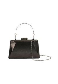 Rechthoekige zwarte metalen tas met een getextureerd oppervlak, bovenste sluiting en een afneembare kettingriem. Heeft een hoekig ontwerp met een glanzende afwerking.