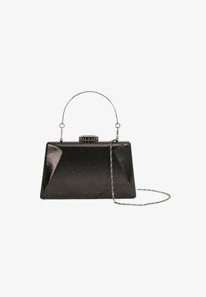 Rectangular black metallic bag with a textured surface, top clasp, and a detachable chain strap. Features angular design with a glossy finish.