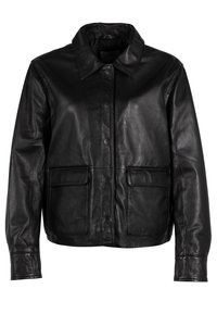 Schwarze Lederjacke mit Kragen, vorderen Druckknöpfen und zwei Vordertaschen. Verfügt über eine glatte Textur und ein verkürztes Design.