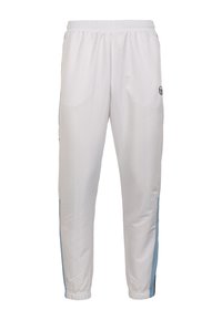 Pantalons de sport blancs en tissu lisse, avec une coupe décontractée, une taille élastique, des poches latérales et des accents bleu clair sur les jambes.