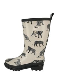 Bottes de pluie en caoutchouc beige brillant avec des motifs d'animaux noirs de tigres et de léopards. Semelle noire épaisse avec une texture antidérapante.