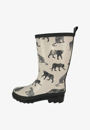 Regenlaarzen gemaakt van glanzend beige rubber met zwarte dierenprints van tijgers en luipaarden. Dikke zwarte zool met een gematteerde grip.