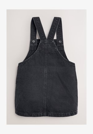 Rochie salopetă din denim negru, cu bretele late, accente cu nasturi metalici și un design drept. Are buzunare laterale și un finisaj texturat.