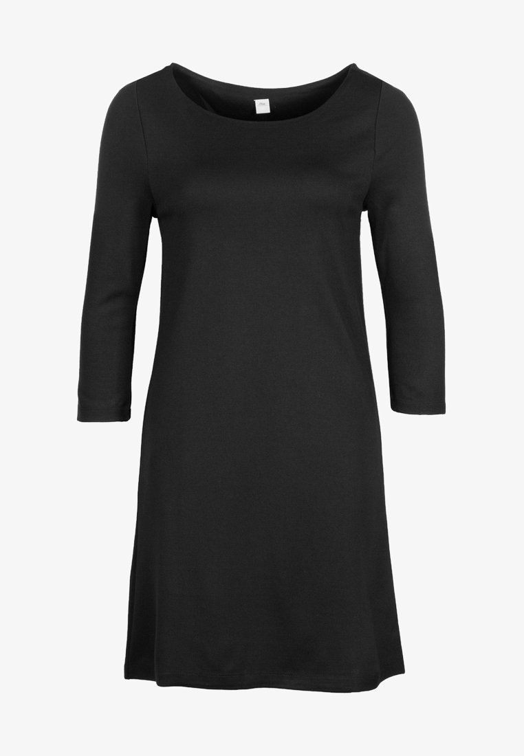 Robe noire longueur genou avec manches trois-quarts et encolure ronde, présentée sur un fond blanc uni.
