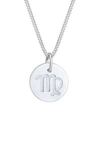Silberne Halskette mit einem runden Anhänger mit glatter Oberfläche und einer gravierten Jungfrau-Symbol. Die Kette ist im Wendelkettendesign.