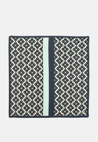 Navy and cream quilt with a floral pattern and a mint green vertical stripe. Features a bordered edge and a small logo in the corner.