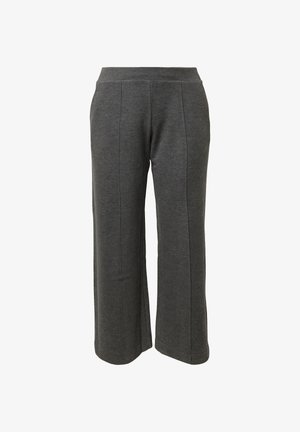 Pantaloni grigi a gamba larga realizzati in tessuto morbido, con una vita elastica liscia e cuciture nette per un look raffinato.